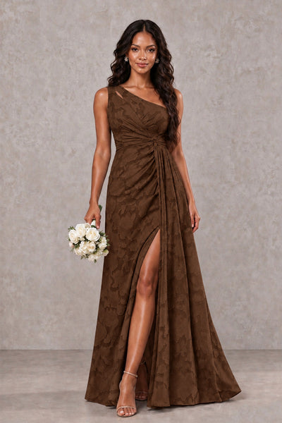 BOLODOO Chocolate One-Shoulder Floral Textured Maxi Dress with High Slit - Chocolate - Chocolate_1