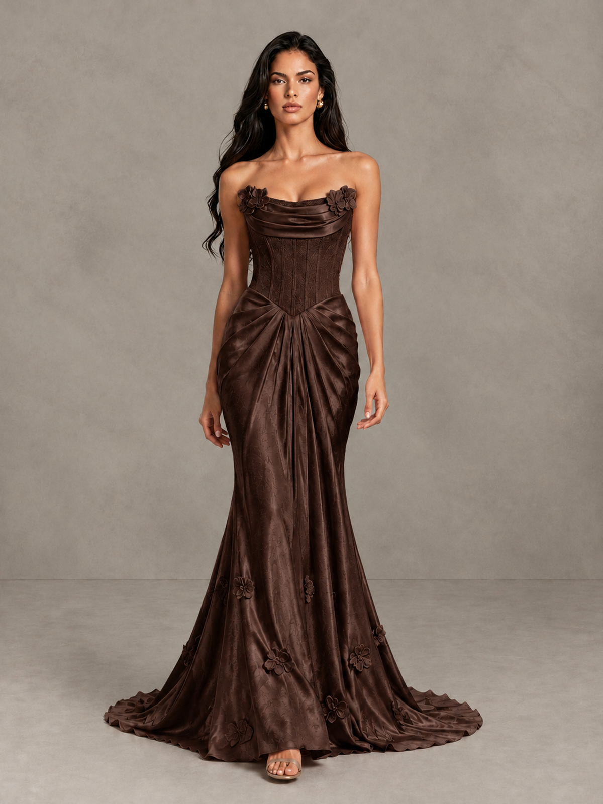 BOLODOO Chocolate Strapless Floral Corset Evening Gown with Train - Chocolate - Chocolate_1