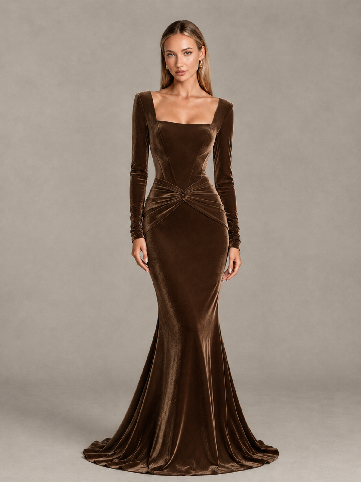 BOLODOO Chocolate Velvet-Look Square Neck Long Sleeve Mermaid Evening Dress - Chocolate - Chocolate_1