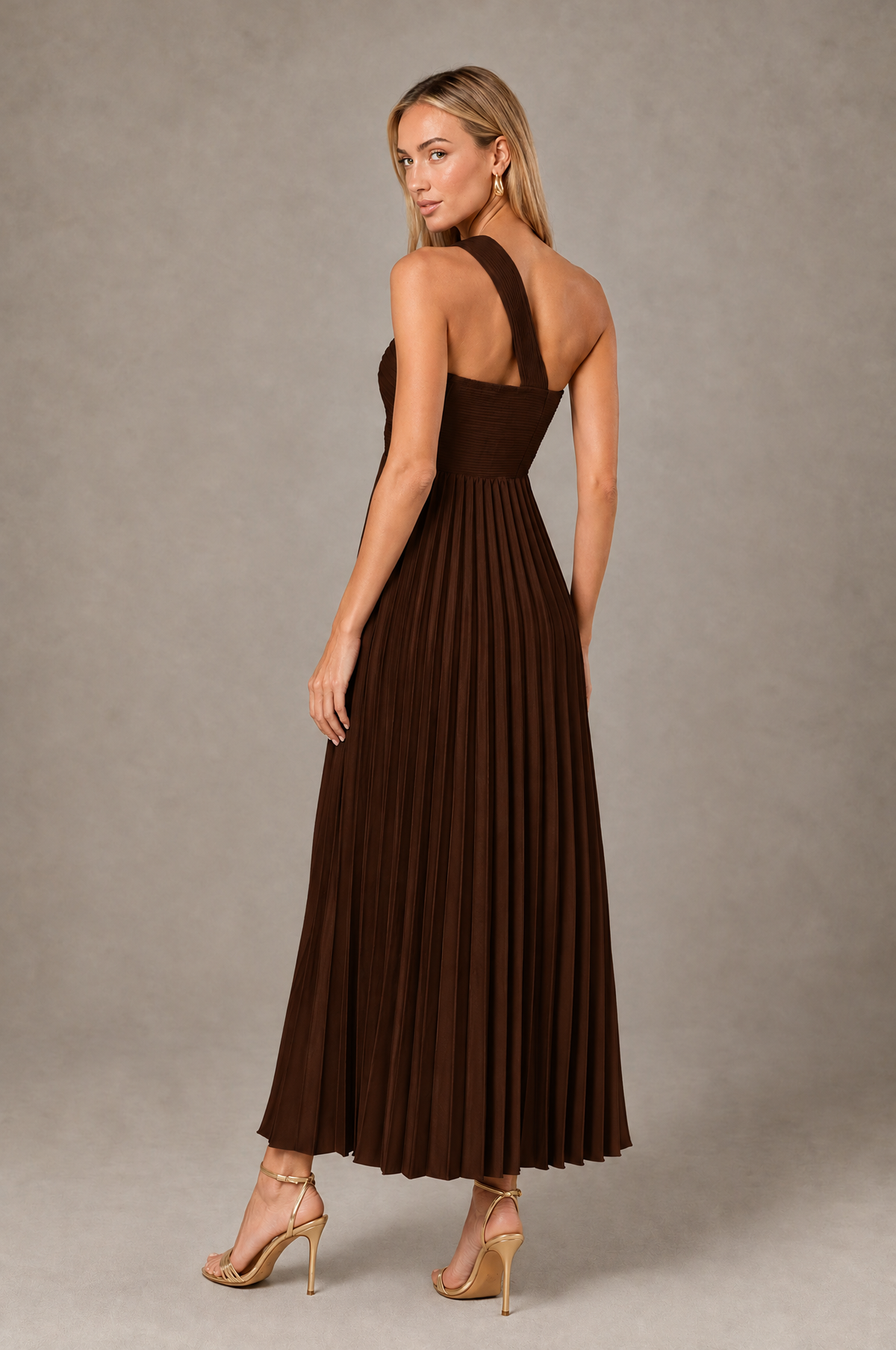 BOLODOO Chocolate One-Shoulder Twist Knot Pleated Satin Midi Dress with Cutout - Chocolate - Chocolate_2