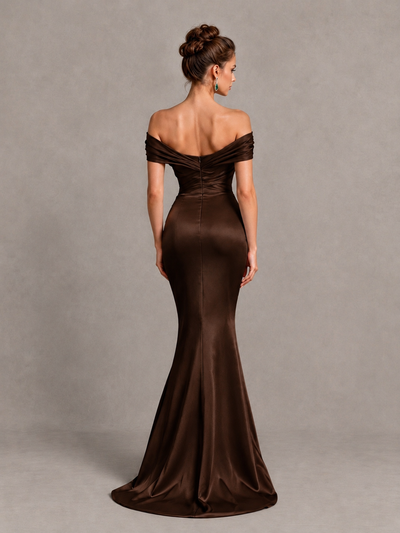 BOLODOO Chocolate Off-Shoulder Satin Mermaid Prom Dress - Chocolate - Chocolate_2