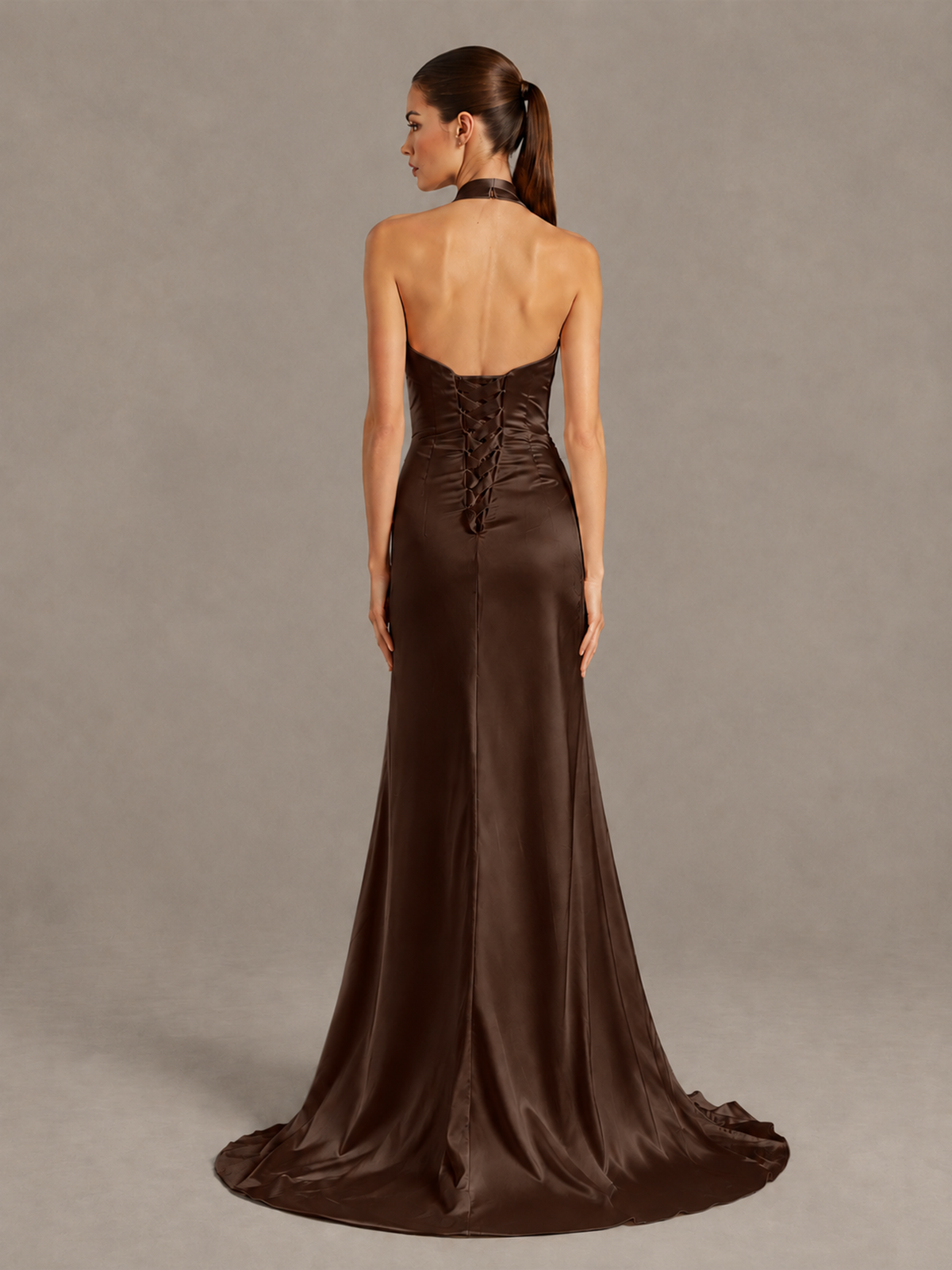 BOLODOO Chocolate Halter Satin Evening & Prom Dress with High Slit - Chocolate - Chocolate_2
