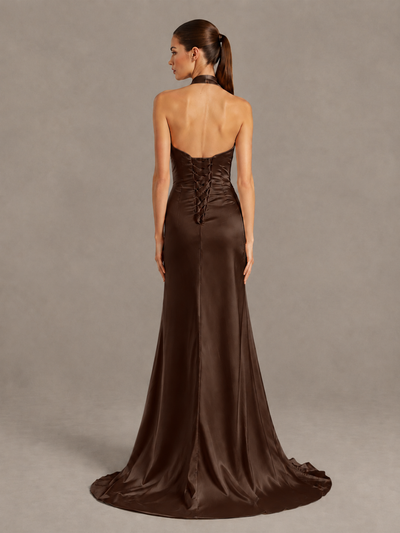 BOLODOO Chocolate Halter Satin Evening & Prom Dress with High Slit - Chocolate - Chocolate_2