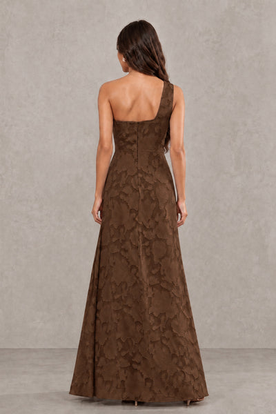 BOLODOO Chocolate One-Shoulder Floral Textured Maxi Dress with High Slit - Chocolate - Chocolate_2