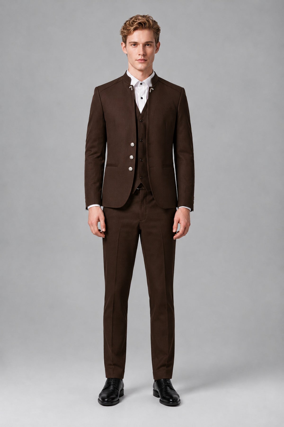 Bolodoo Men's Chocolate Mandarin Collar 3-Piece Suit – Jacket, Vest & Trousers - Chocolate - Chocolate_2