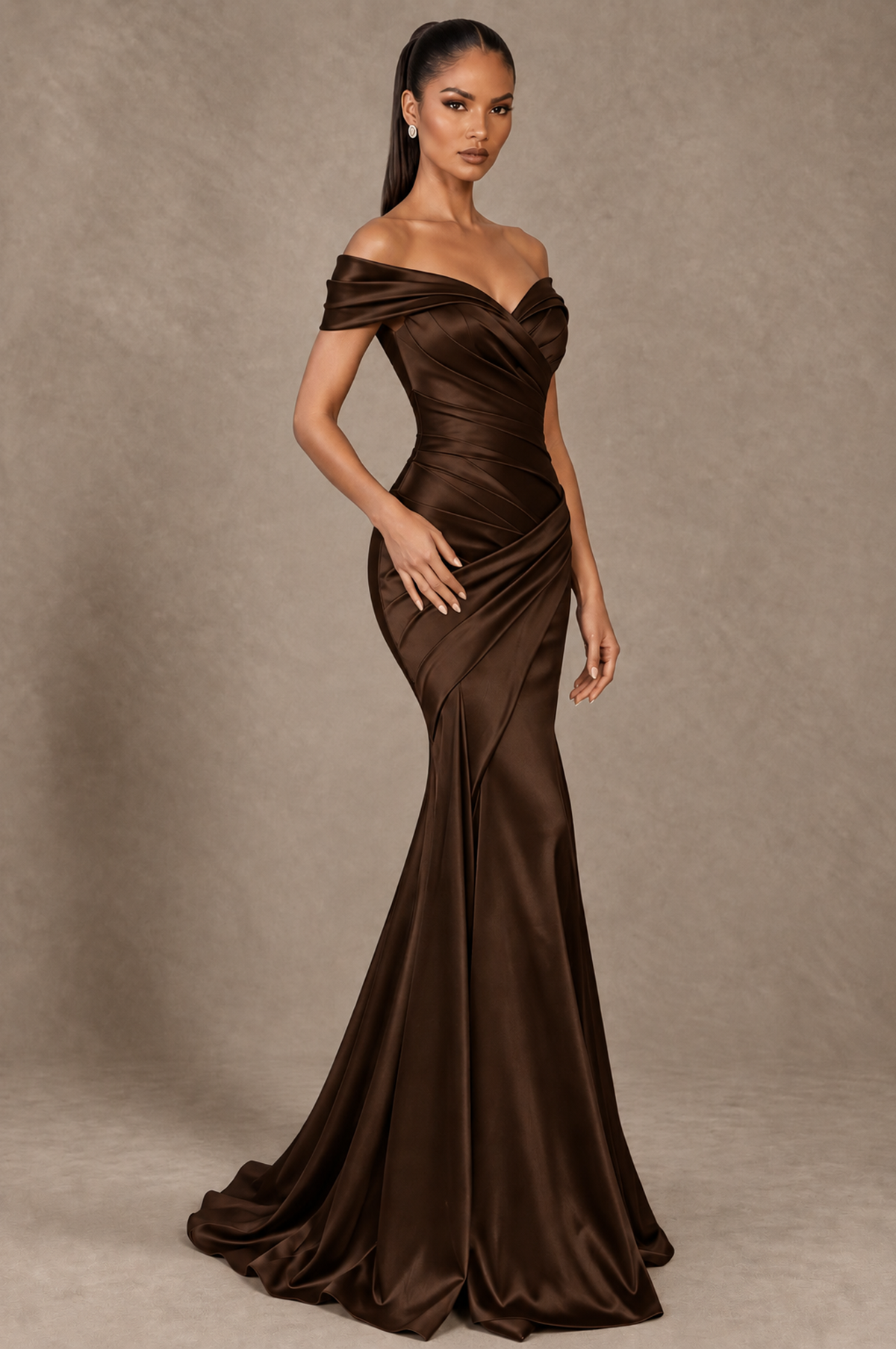 BOLODOO Chocolate Off-the-Shoulder Ruched Satin Mermaid Evening Dress - Chocolate - Chocolate_2