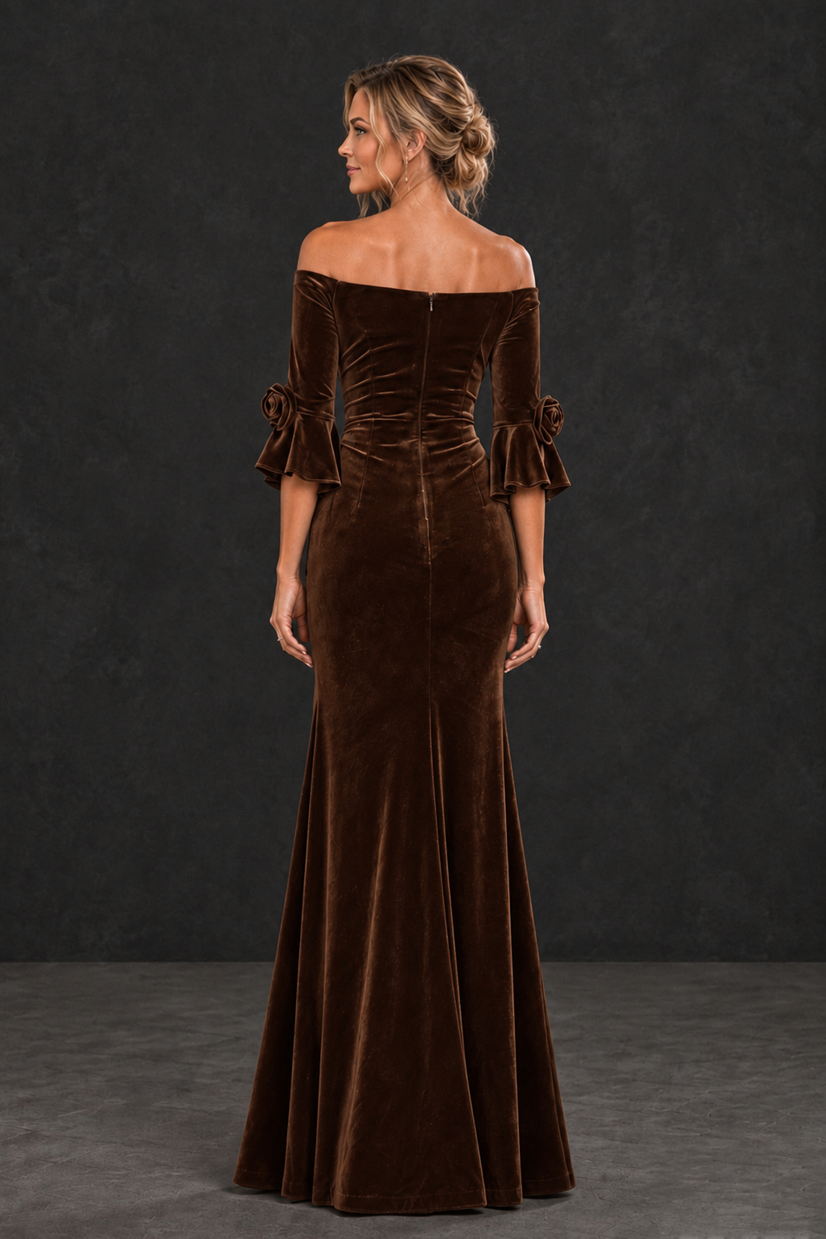 BOLODOO Chocolate Velvet Off-Shoulder Mother of the Bride Dress – 3/4 Floral Cuff Sleeve Mermaid Evening Gown - Chocolate - Chocolate_2