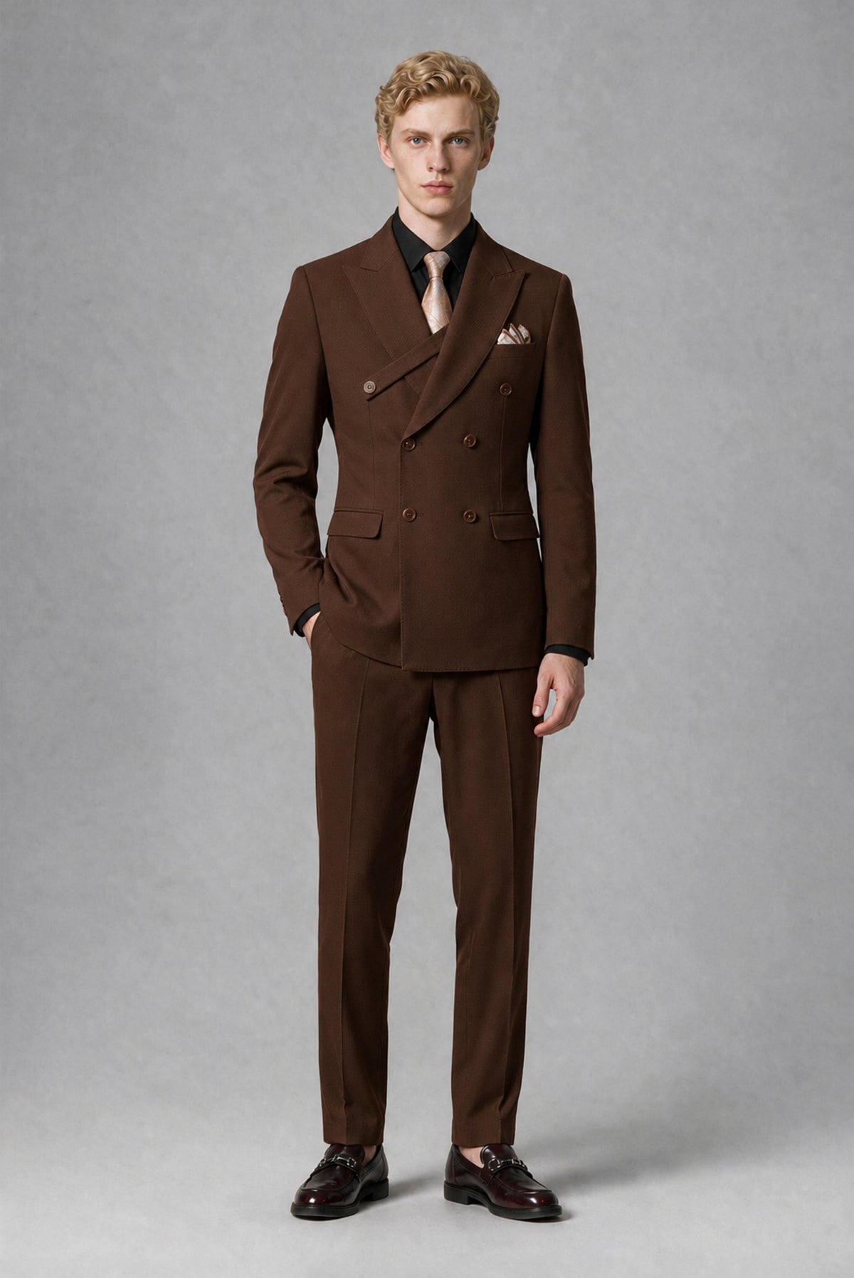 BOLODOO Men's Chocolate Double-Breasted Two-Piece Suit – Jacket & Trousers - Chocolate