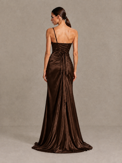 BOLODOO Chocolate One Shoulder Satin Evening Gown with High Slit and Sweep Train - Chocolate - Chocolate_2