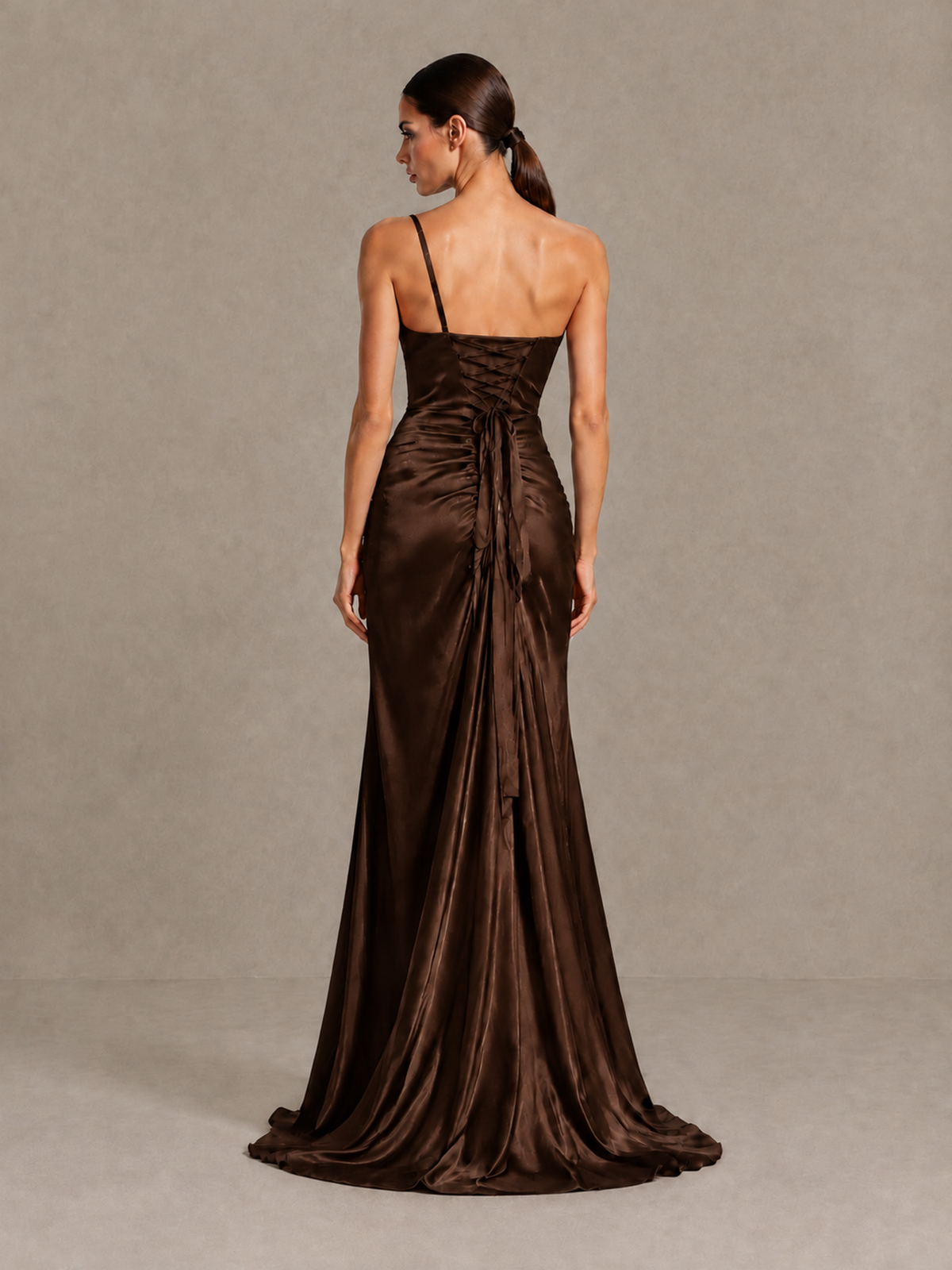 BOLODOO Chocolate One Shoulder Satin Evening Gown with High Slit and Sweep Train - Chocolate - Chocolate_2