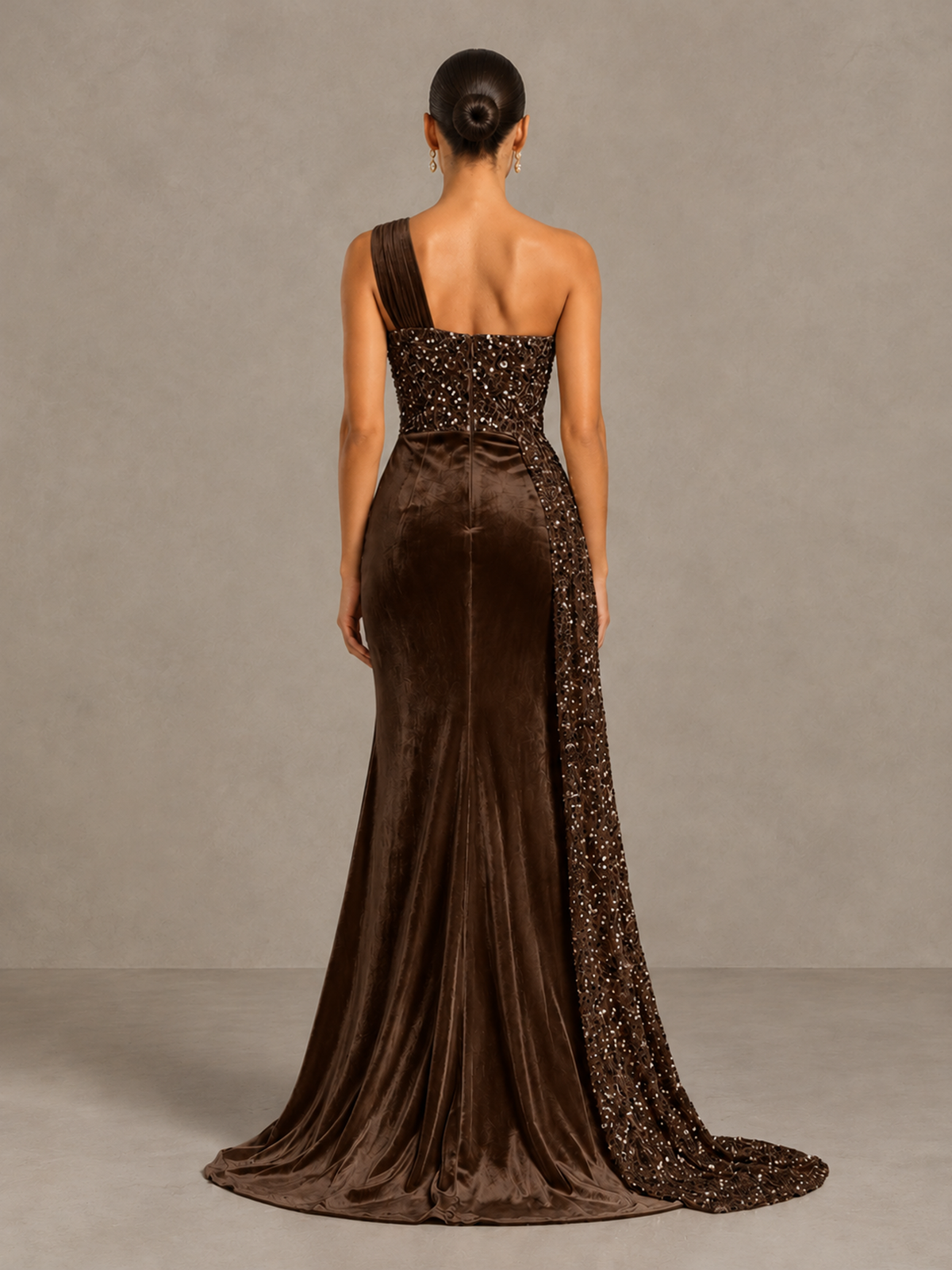 BOLODOO Chocolate One-Shoulder Satin Sequin Gown with High Slit - Chocolate - Chocolate_2