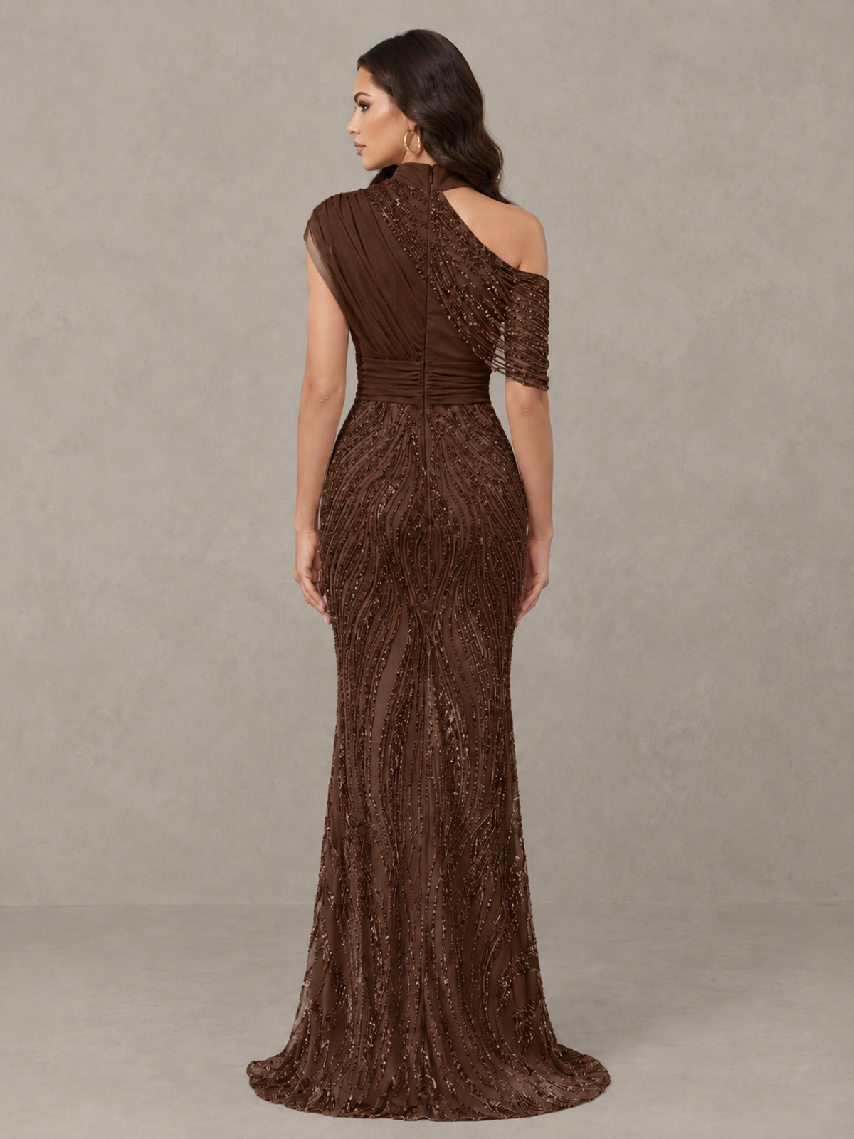 BOLODOO Chocolate High Neck Draped Sequin Mermaid Evening Gown - Chocolate - Chocolate_2