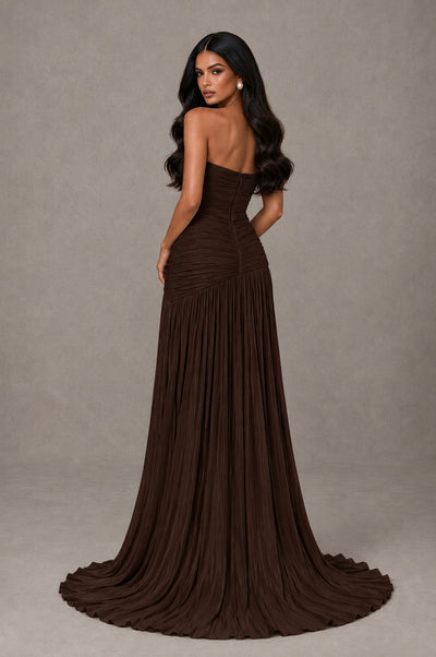 BOLODOO Chocolate Metallic Ruched Strapless Pleated A-Line Backless Maxi Dress with Train - Chocolate - Chocolate_2