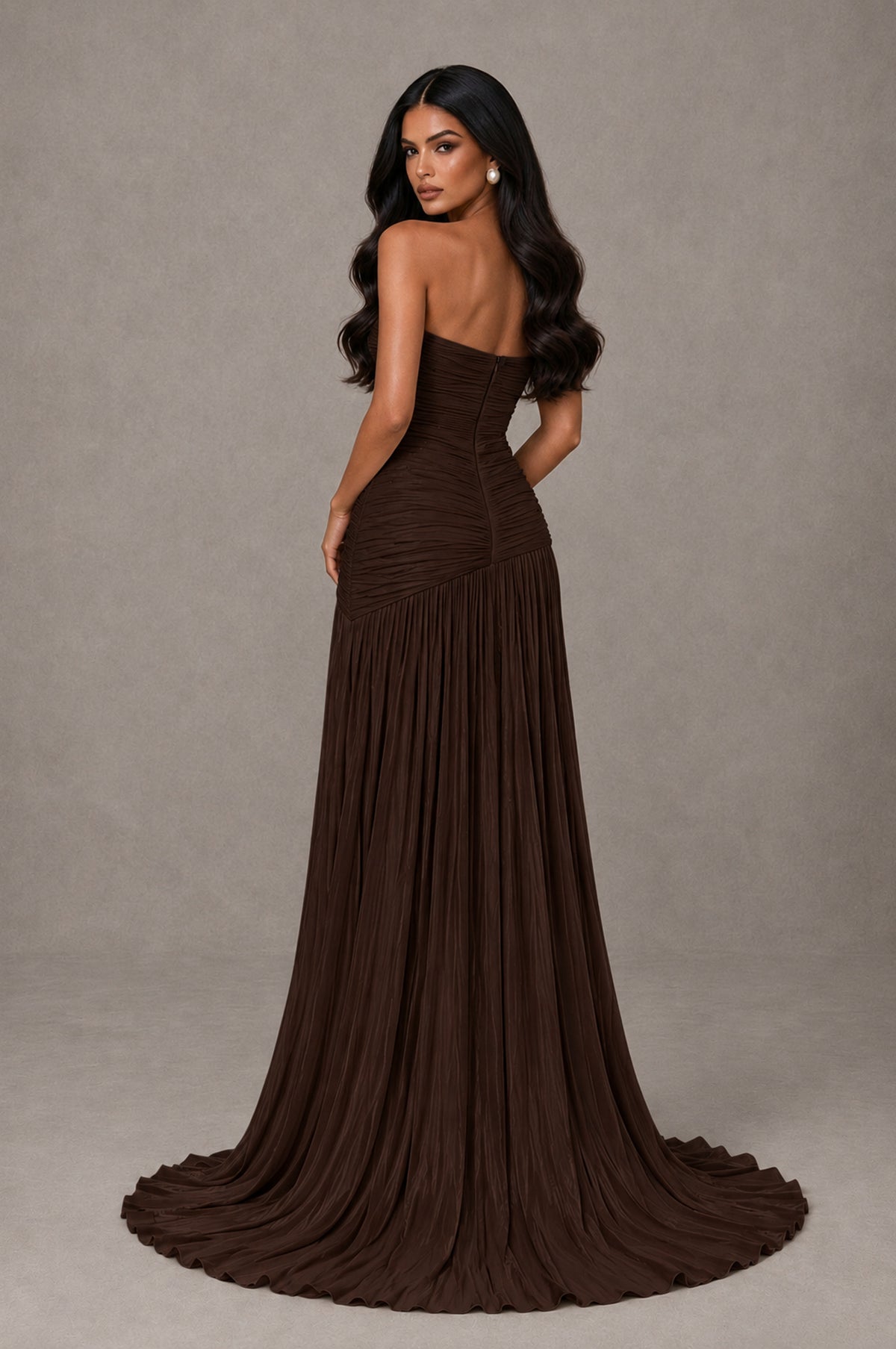 BOLODOO Chocolate Metallic Ruched Strapless Pleated A-Line Backless Maxi Dress with Train - Chocolate - Chocolate_2