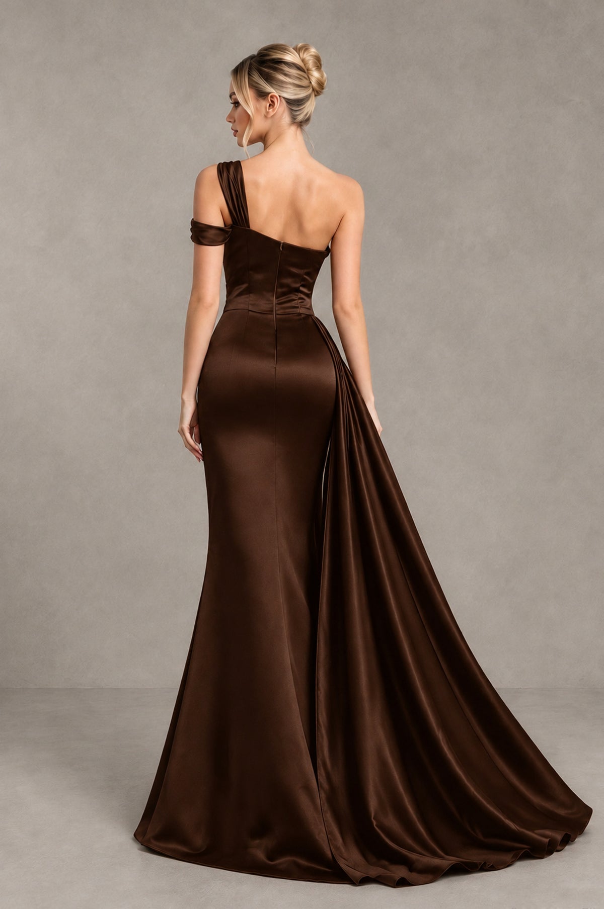 BOLODOO Chocolate Asymmetric Ruched Formal Evening Dress - Chocolate - Chocolate_2