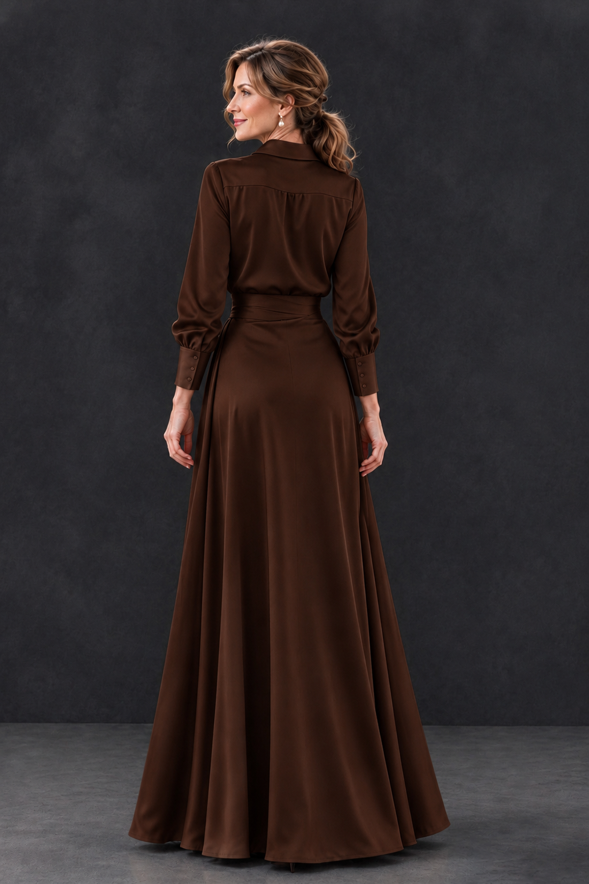 BOLODOO Chocolate Long Sleeve Satin-Look Lace Panel Gown - Chocolate - Chocolate_2