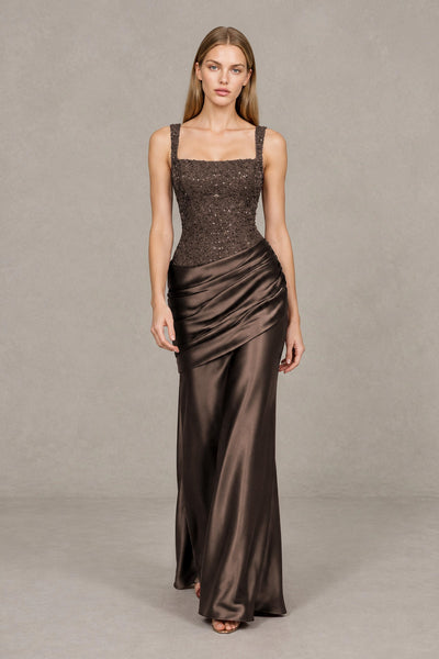 BOLODOO Chocolate Square Neck Embellished Satin Evening Gown - Chocolate