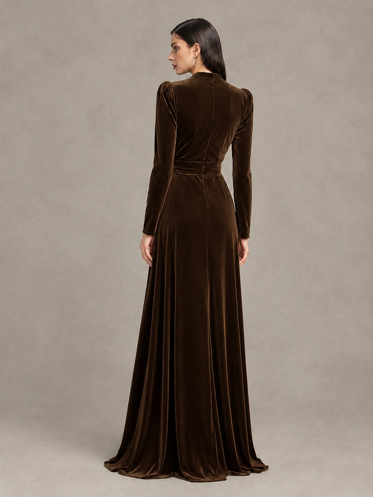 BOLODOO Chocolate Long Sleeve Velvet-Look Evening Dress with High Slit - Chocolate - Chocolate_2