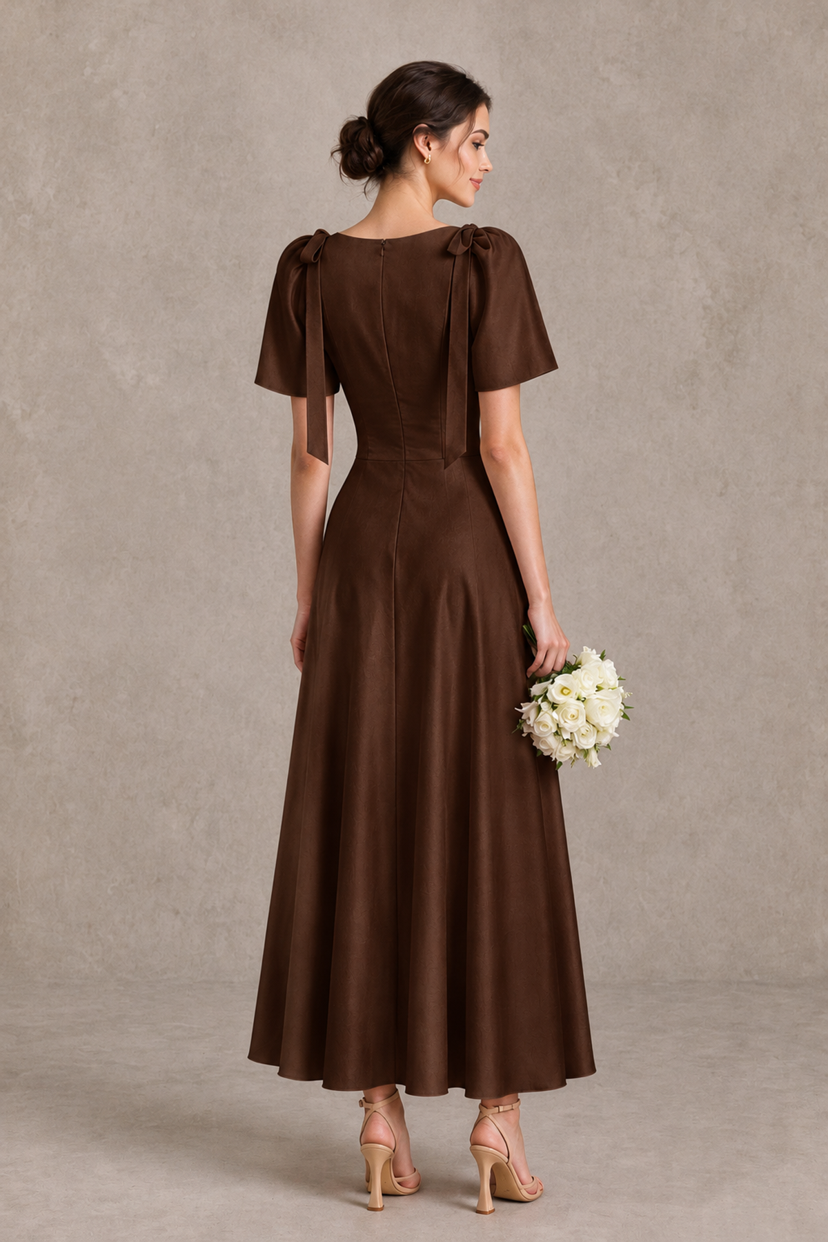 BOLODOO Chocolate V-Neck Short Sleeve Satin-Look Bridesmaid Dress with Shoulder Bows - Chocolate - Chocolate_2