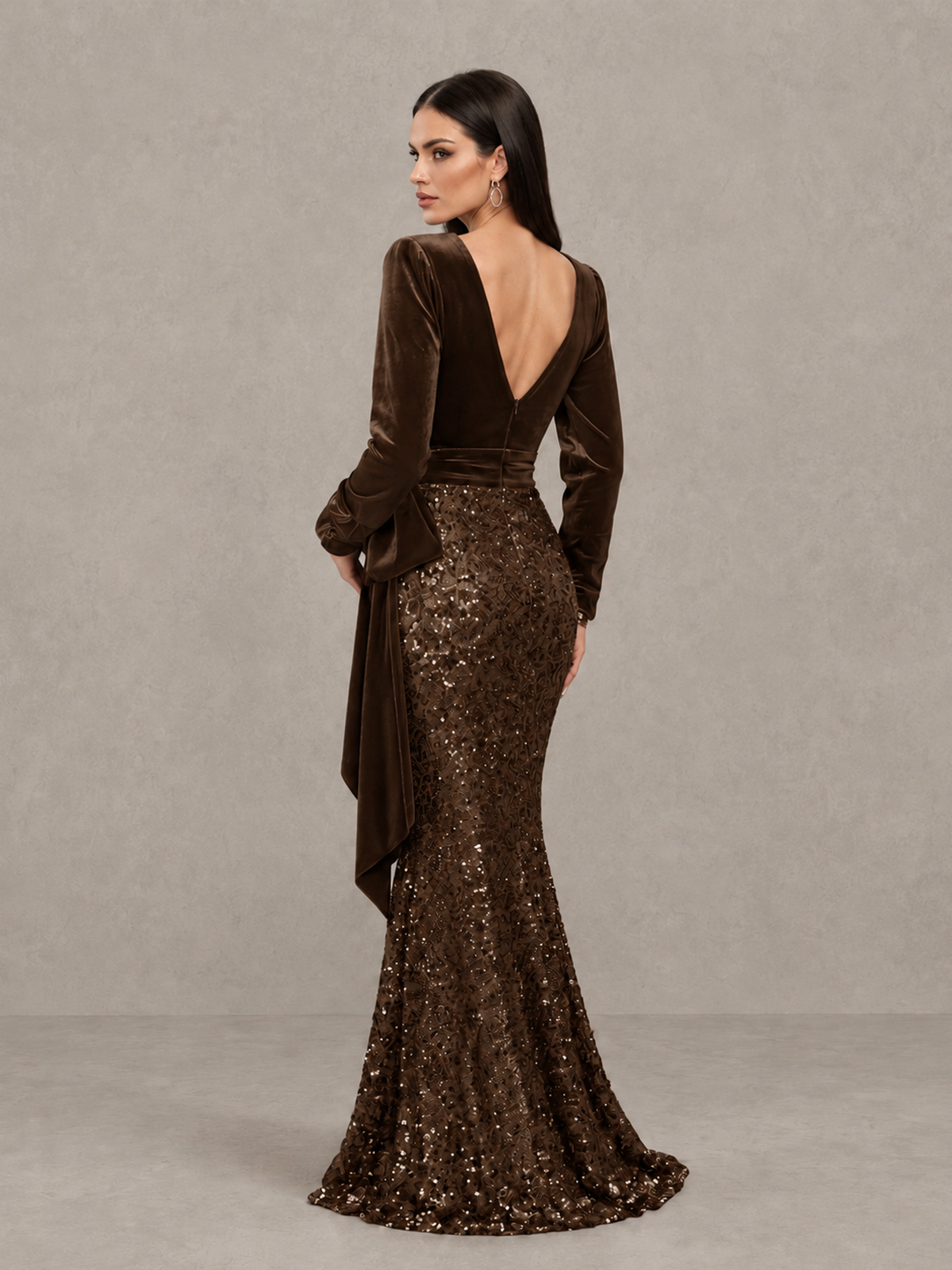 BOLODOO Chocolate Velvet & Sequin Long Sleeve V-Neck Mermaid Evening Gown - Chocolate - Chocolate_2