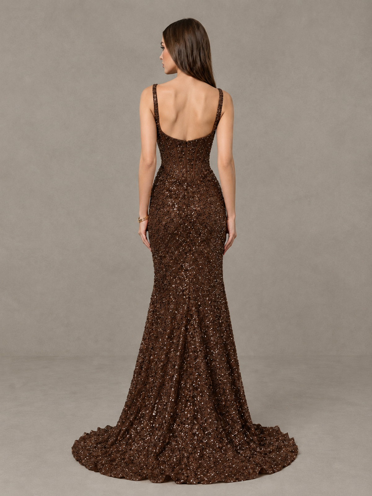 BOLODOO Chocolate Sequin Corset Evening Gown with High Slit - Chocolate - Chocolate_2