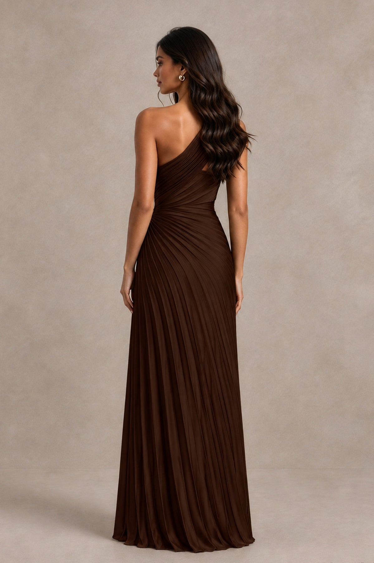 BOLODOO Chocolate One Shoulder Pleated Evening Dress with Ruched Waist and High Slit - Chocolate - Chocolate_2
