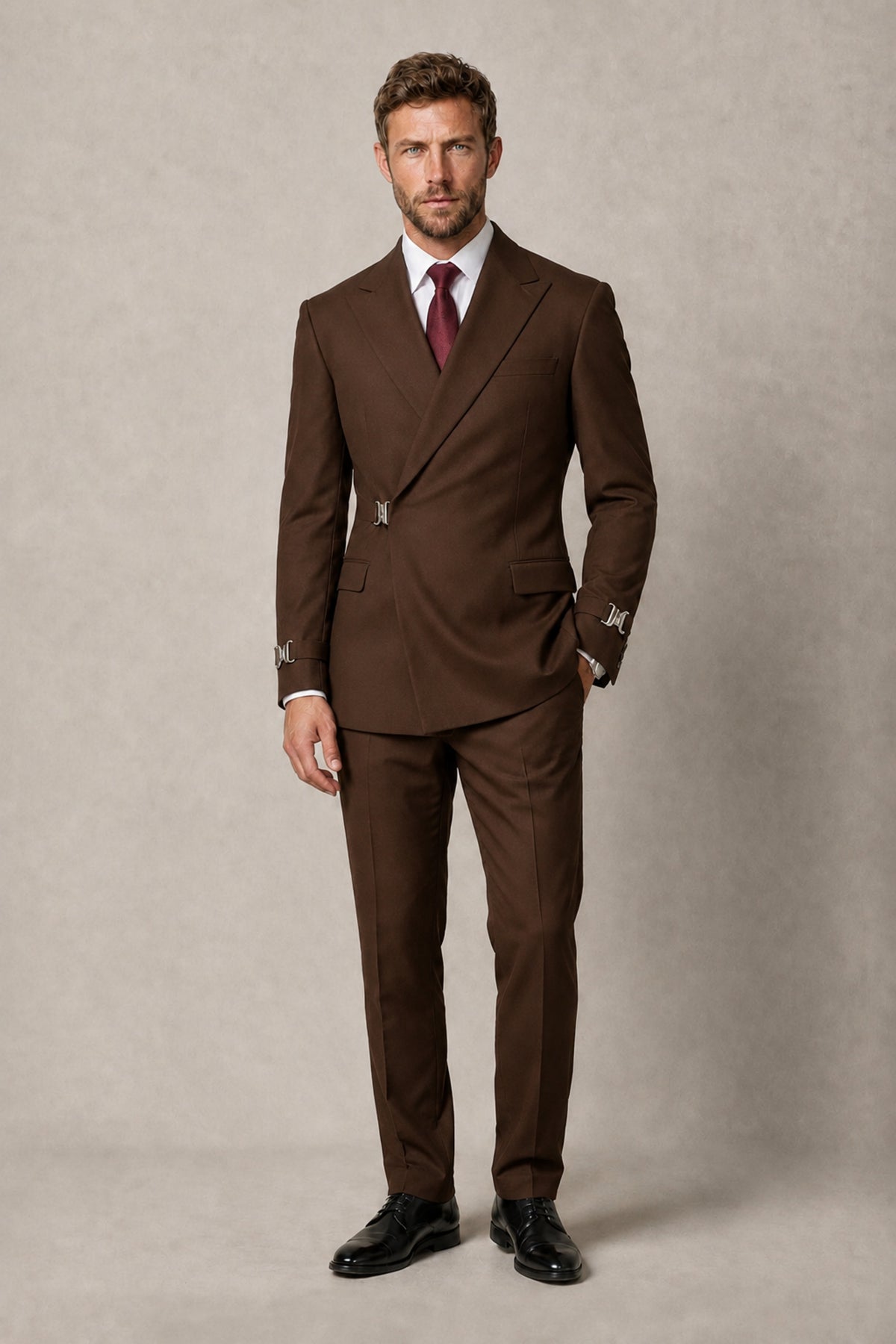 BOLODOO Men's Chocolate Double-Breasted 2-Piece Suit Set – Blazer & Tailored Trousers - Chocolate