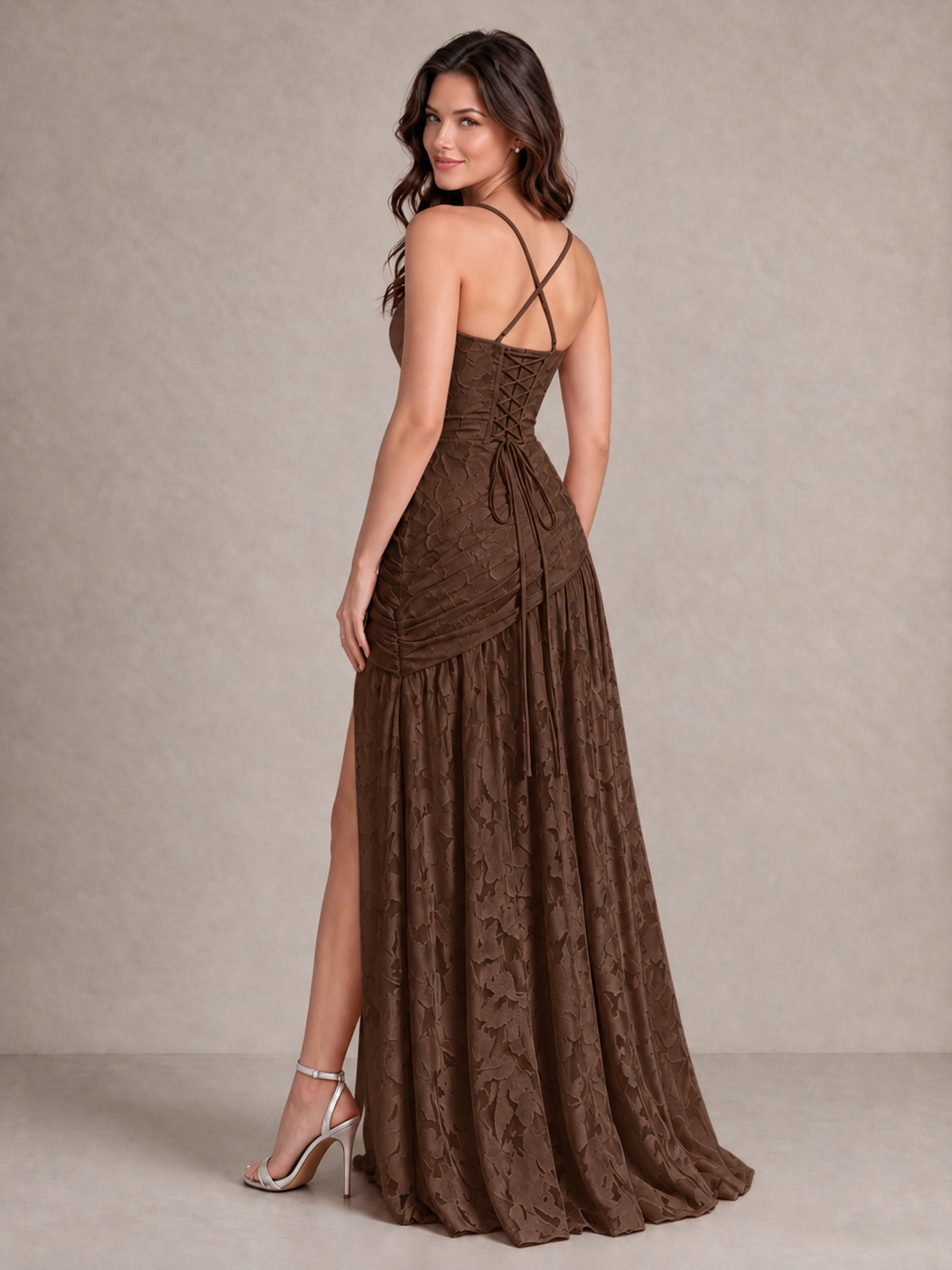 BOLODOO Chocolate Floral Jacquard Bridesmaid Dress with Square Neck, Lace-Up Back & High Slit - Chocolate - Chocolate_2