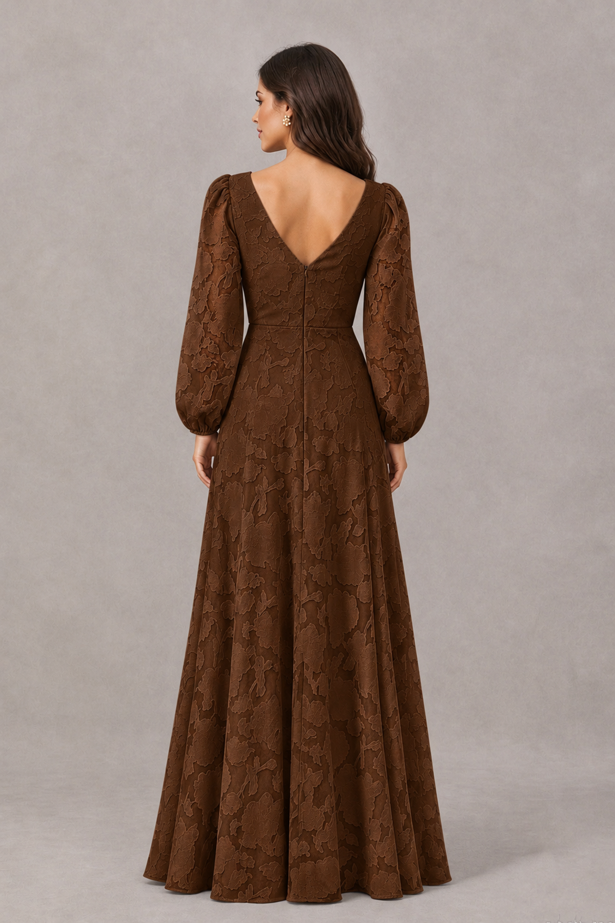 BOLODOO Chocolate Long Sleeve V-Neck A-Line Mother of the Bride Dress - Chocolate - Chocolate_2