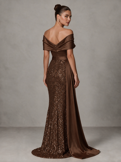 BOLODOO Chocolate Sequin Mermaid Evening Dress with Off-Shoulder Satin Drape and Sweep Train - Chocolate - Chocolate_2