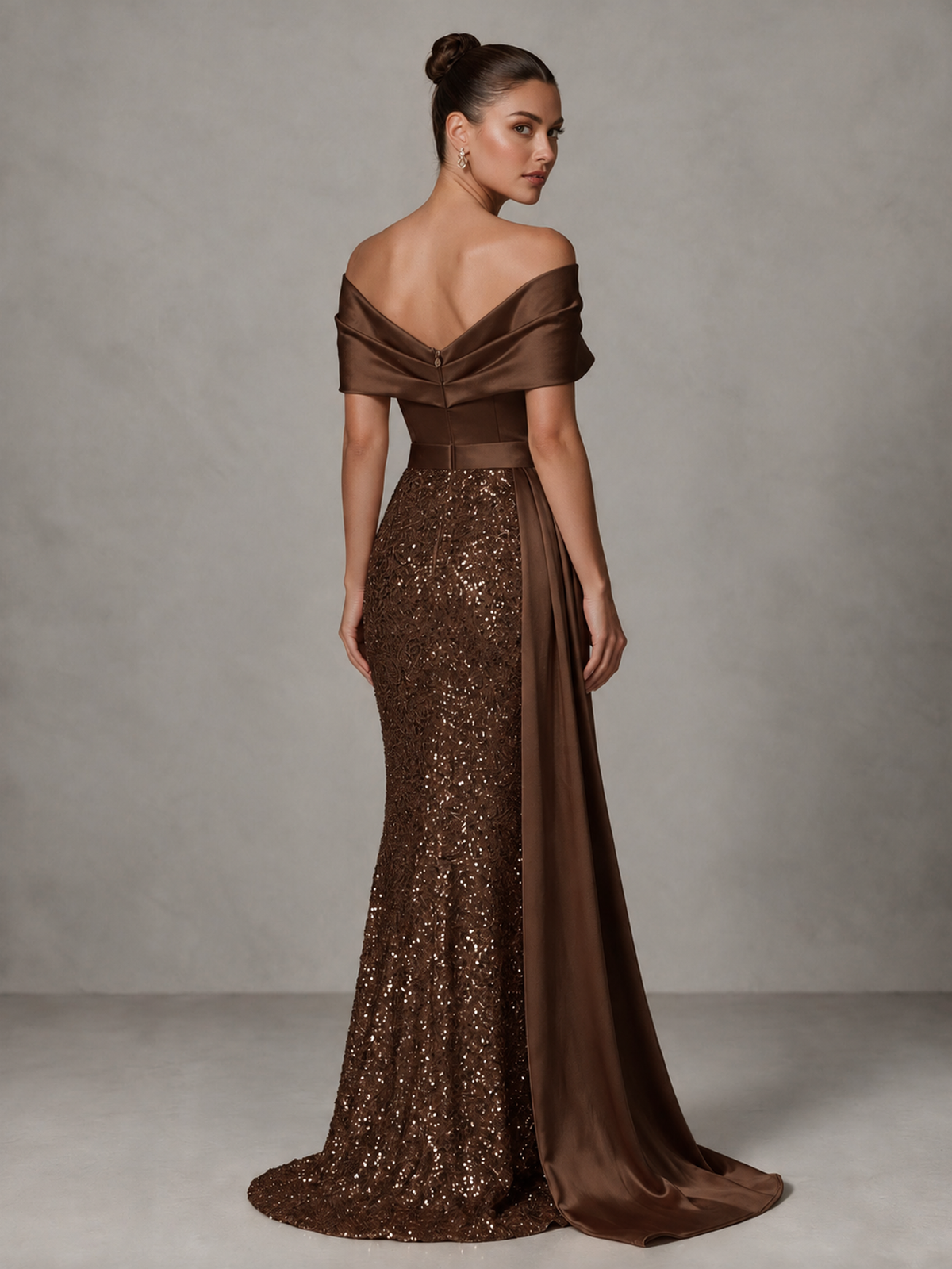 BOLODOO Chocolate Sequin Mermaid Evening Dress with Off-Shoulder Satin Drape and Sweep Train - Chocolate - Chocolate_2