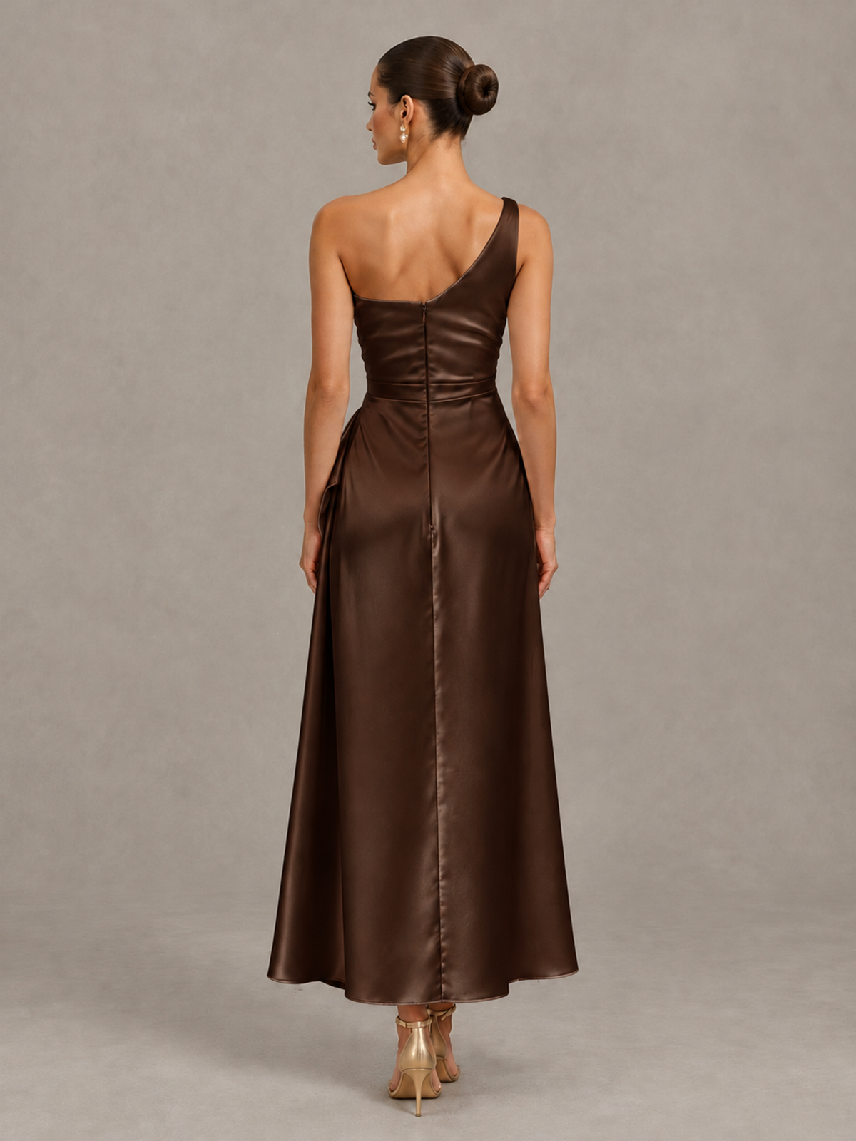 BOLODOO Chocolate One Shoulder Satin Cocktail Dress with Draped A-Line Skirt - Chocolate - Chocolate_2