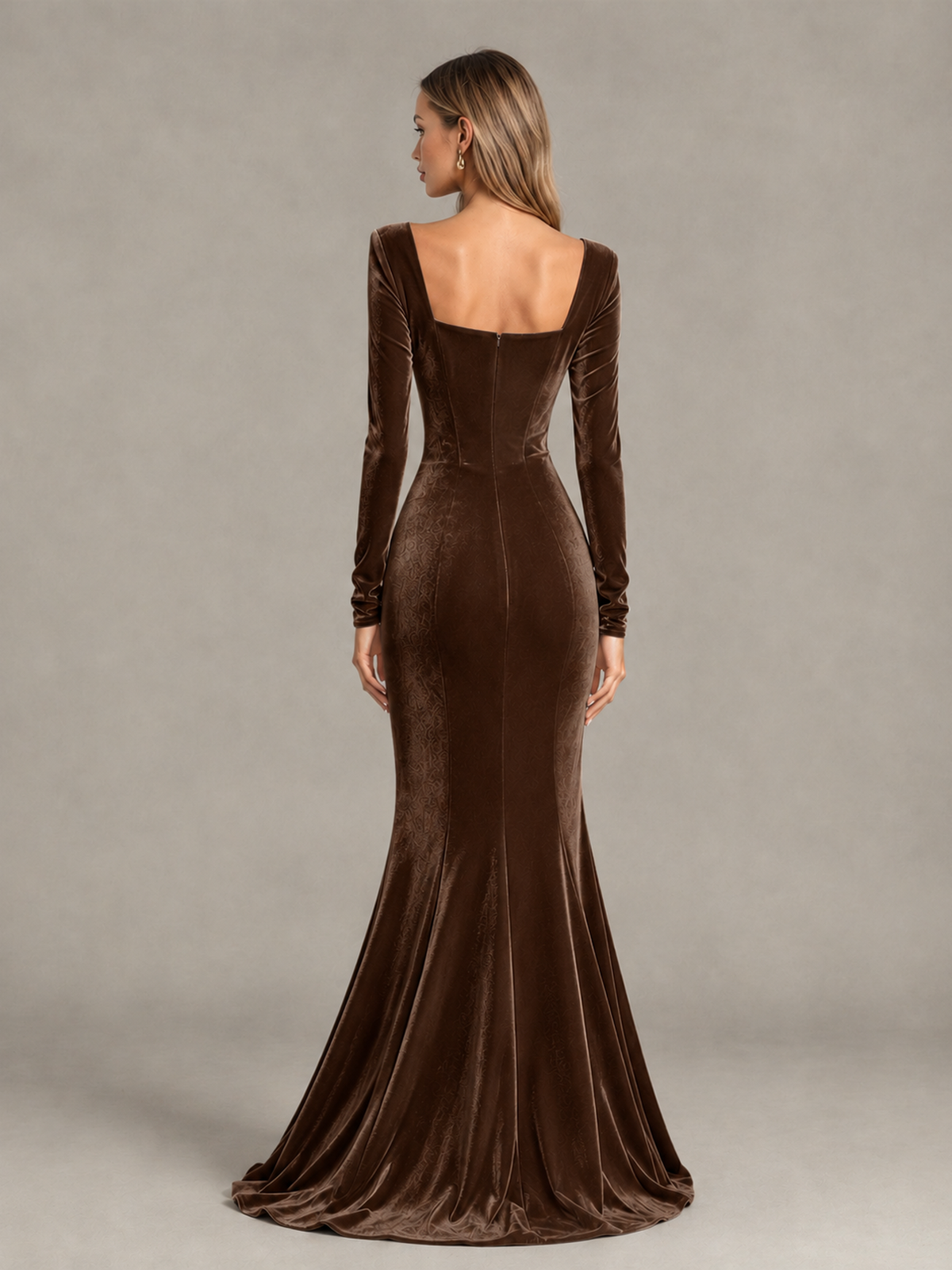 BOLODOO Chocolate Velvet-Look Square Neck Long Sleeve Mermaid Evening Dress - Chocolate - Chocolate_2
