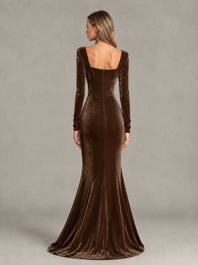 BOLODOO Chocolate Velvet-Look Square Neck Long Sleeve Mermaid Evening Dress - Chocolate - Chocolate_2
