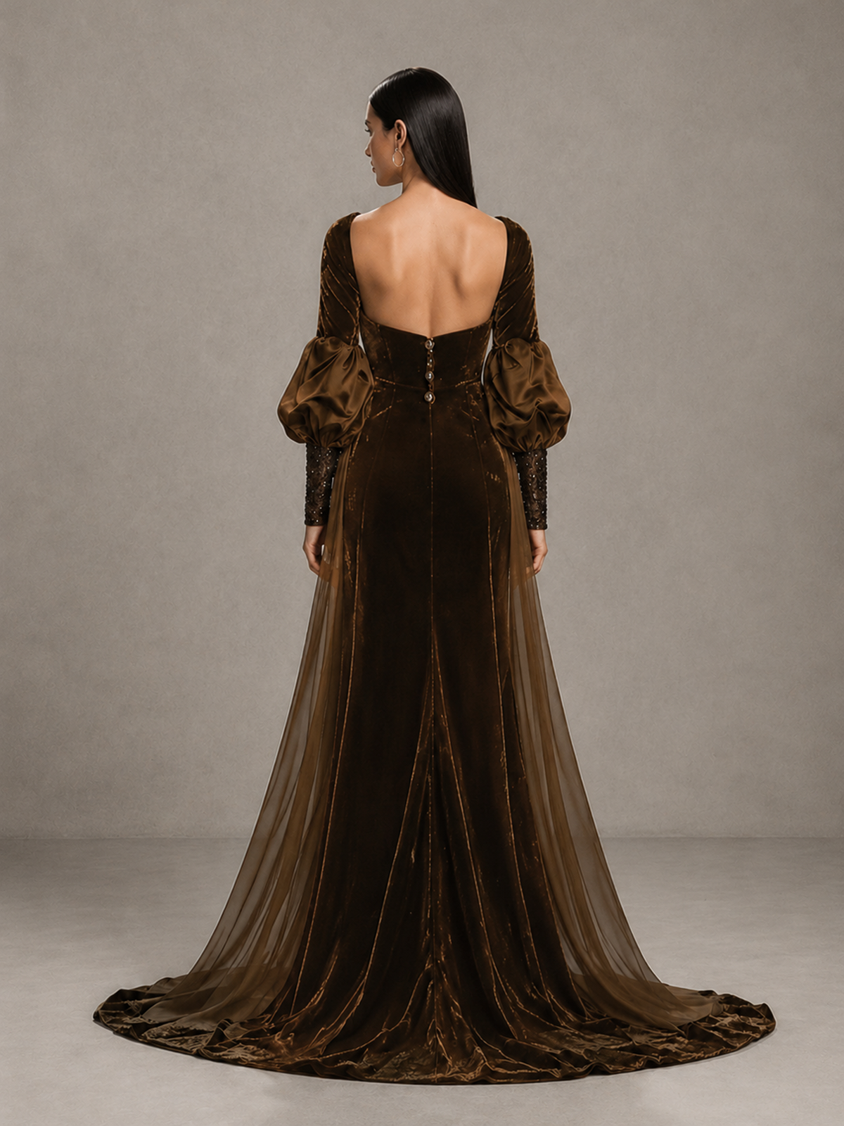 BOLODOO Chocolate Velvet Long Sleeve Open-Back Evening Gown - Chocolate - Chocolate_2