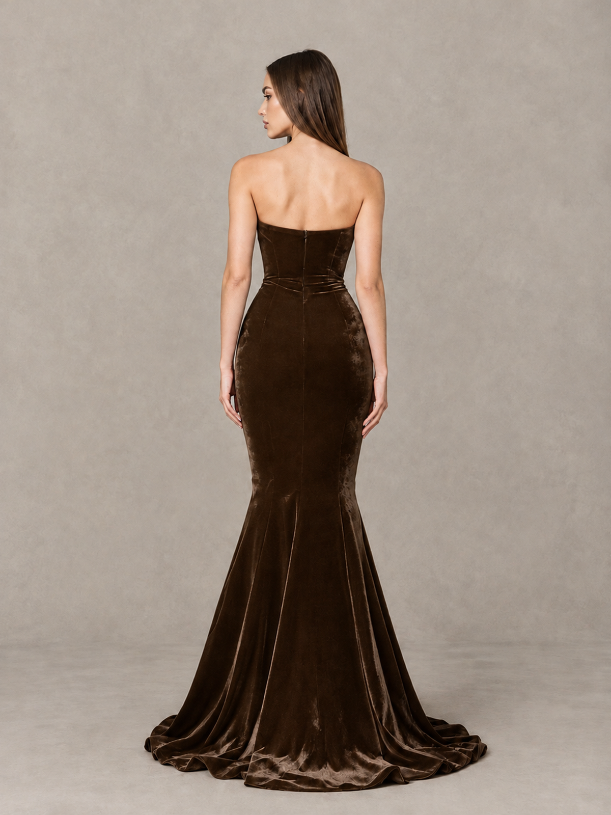 BOLODOO Chocolate Strapless Sweetheart Velvet-Look Mermaid Evening Dress - Chocolate - Chocolate_2