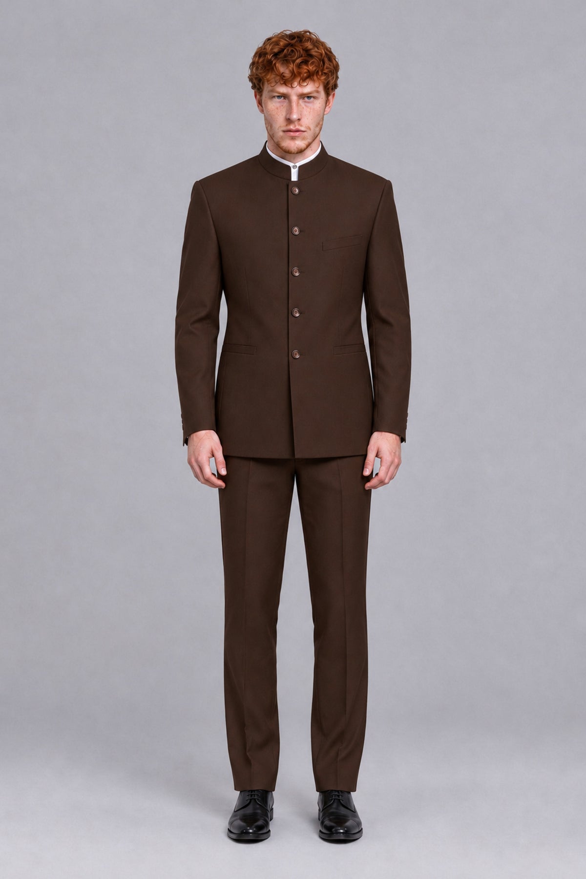 BOLODOO Men's Chocolate Mandarin Collar Two-Piece Suit - Chocolate - Chocolate_2