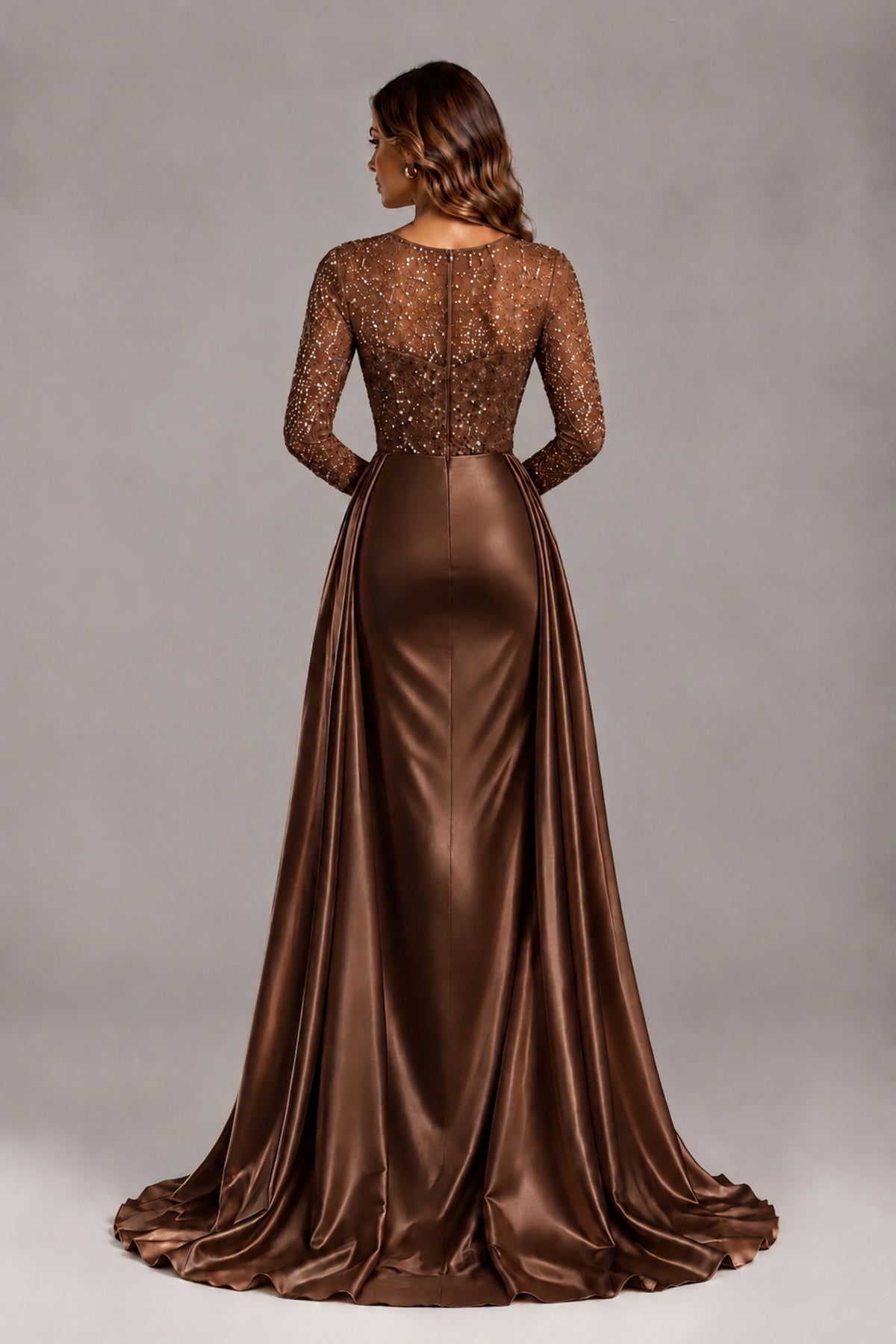 BOLODOO Chocolate Long Sleeve Embellished Satin Evening Gown with Sweep Train - Chocolate - Chocolate_2