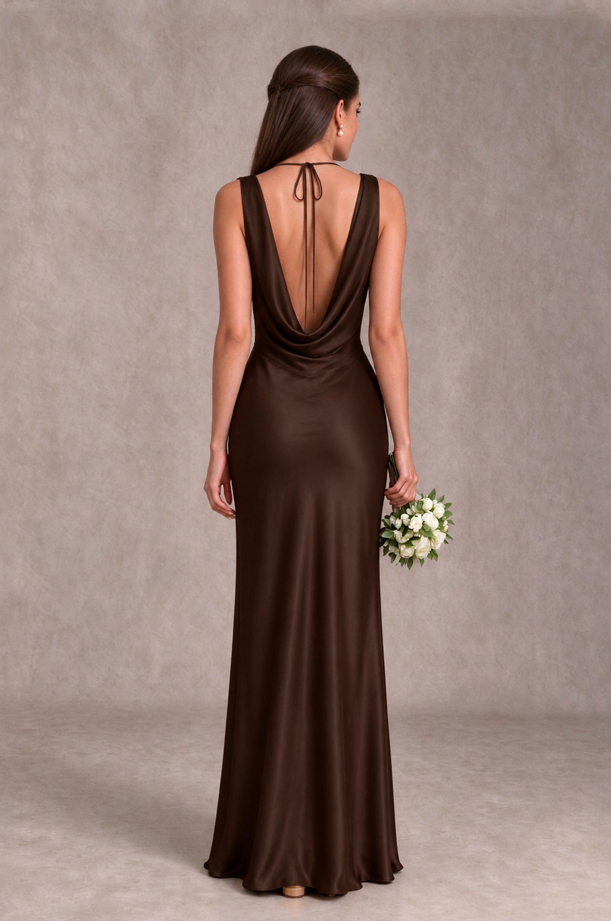 BOLODOO Chocolate Cowl Neck Open Back Satin Bridesmaid Dress - Chocolate - Chocolate_2
