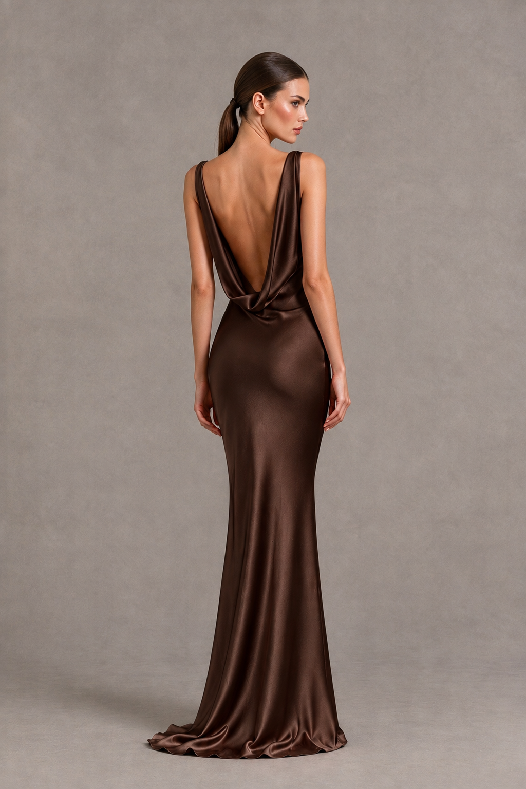 BOLODOO Chocolate Cowl Neck Backless Satin Mermaid Evening Dress - Chocolate - Chocolate_2