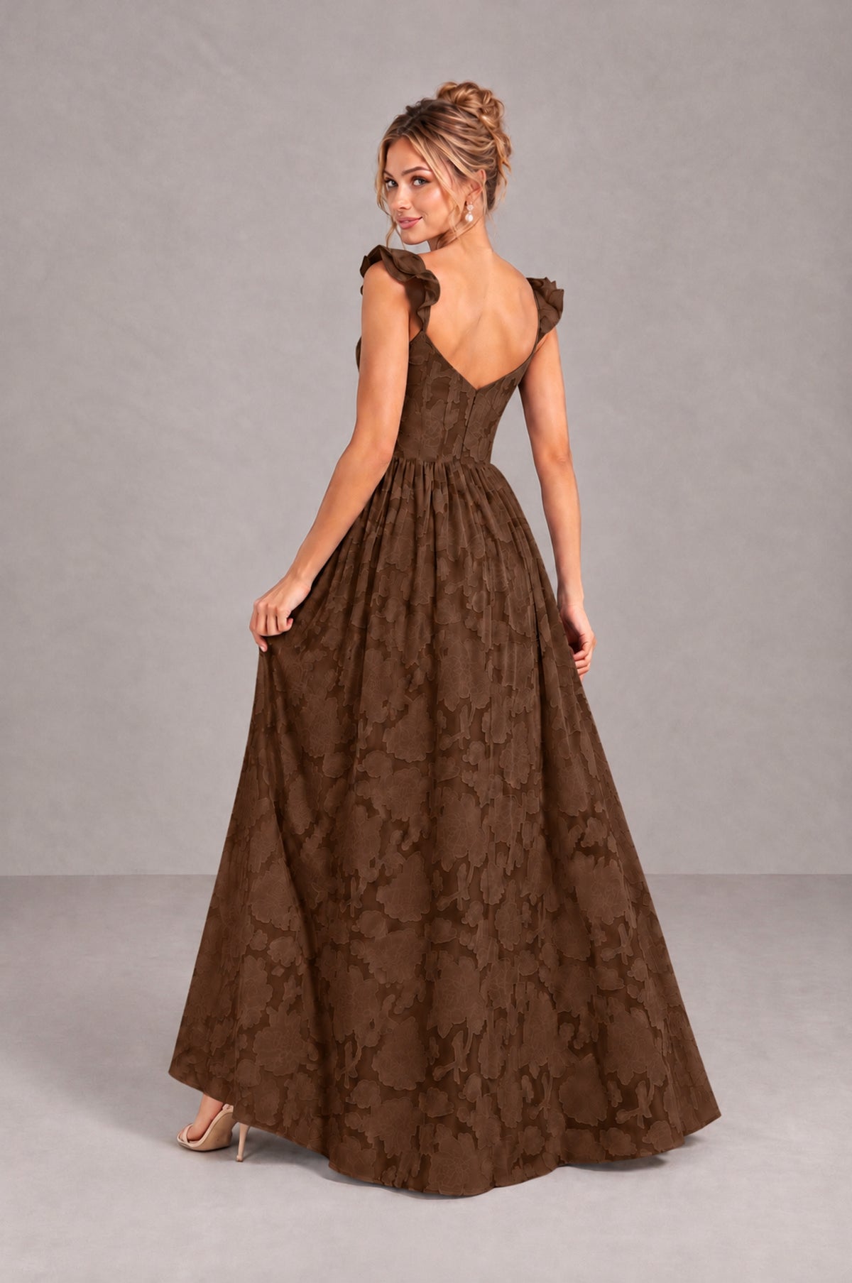 BOLODOO Chocolate Floral A-Line Bridesmaid Dress with Slit Ruffle Straps Maxi Gown - Chocolate - Chocolate_2