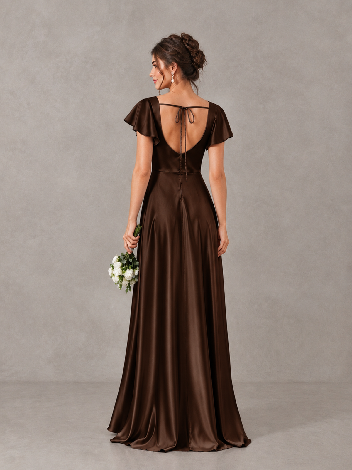 BOLODOO Chocolate Satin Square Neck Flutter Sleeve A-Line Bridesmaid Dress with Slit - Chocolate - Chocolate_2