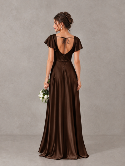 BOLODOO Chocolate Satin Square Neck Flutter Sleeve A-Line Bridesmaid Dress with Slit - Chocolate - Chocolate_2