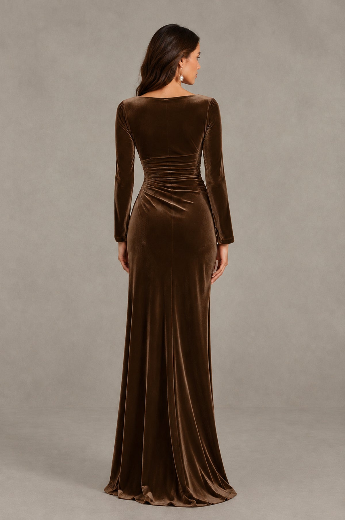 BOLODOO Chocolate Long Sleeve V-Neck Ruched Velvet Formal Dress - Chocolate - Chocolate_2