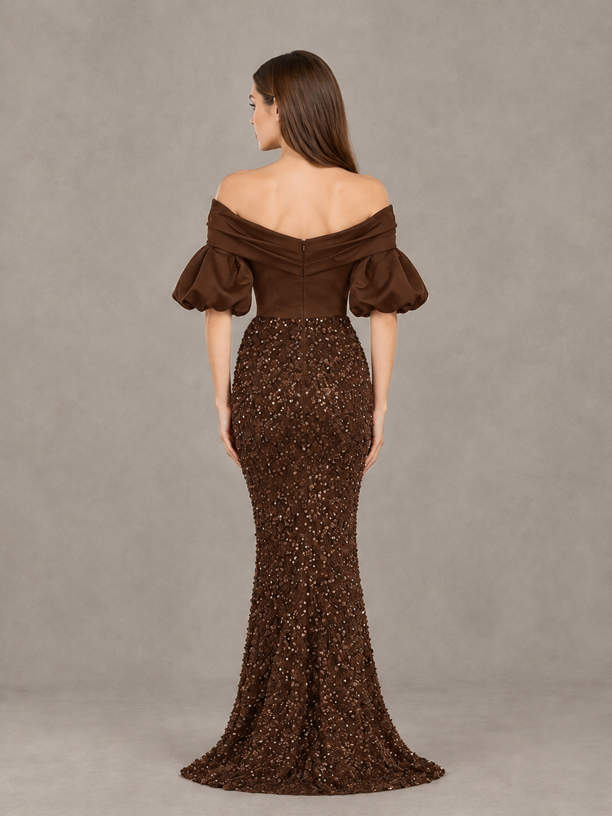 BOLODOO Chocolate Off-Shoulder Puff Sleeve Sequin Mermaid Evening Dress - Chocolate - Chocolate_2
