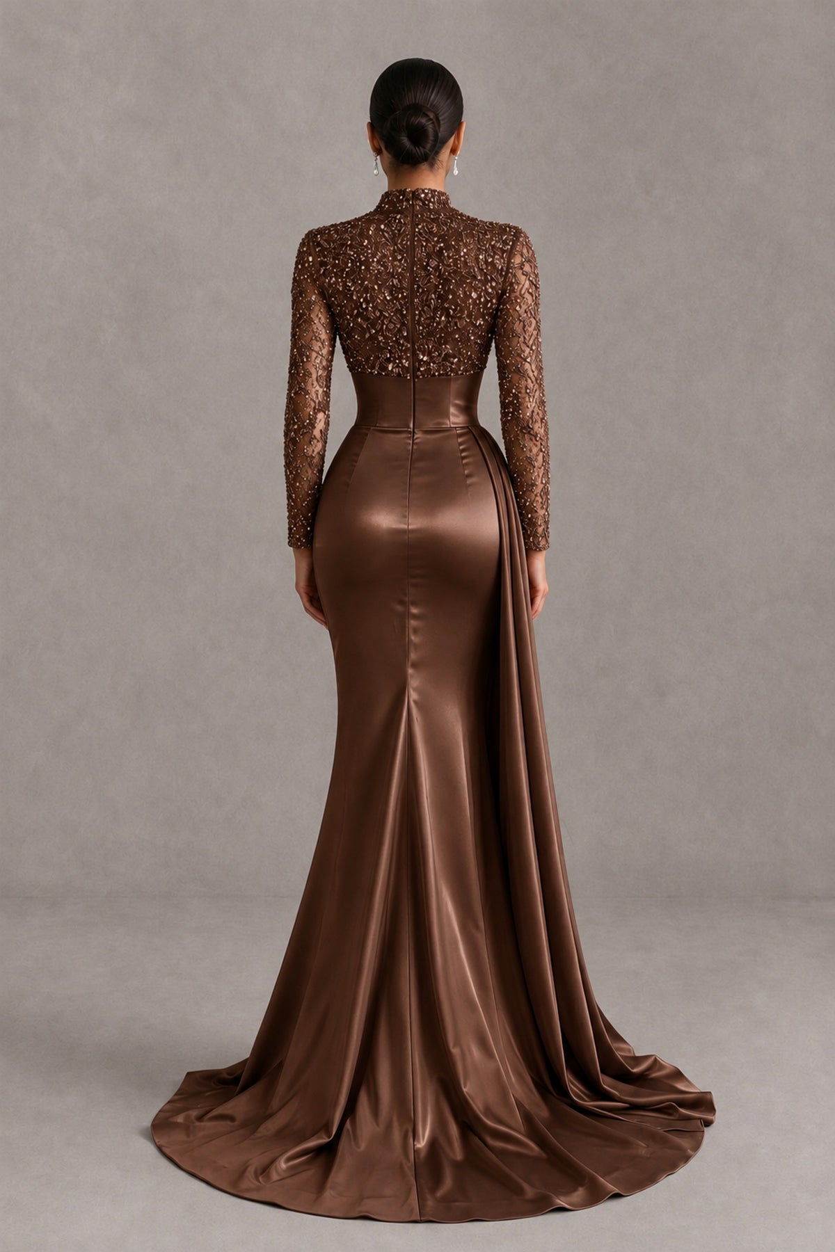 BOLODOO Chocolate Long Sleeve Embellished Satin Mermaid Evening Gown - Chocolate - Chocolate_2