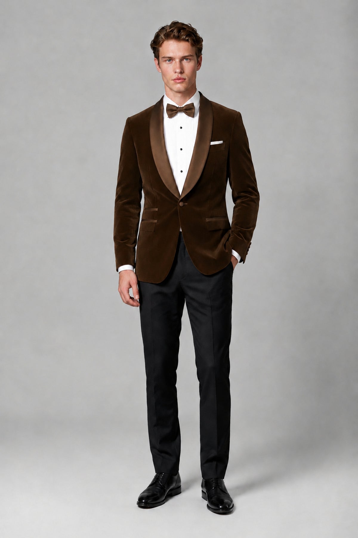 BOLODOO Men's Chocolate Velvet Blazer | Shawl Lapel Tuxedo Jacket - Chocolate - Chocolate_2