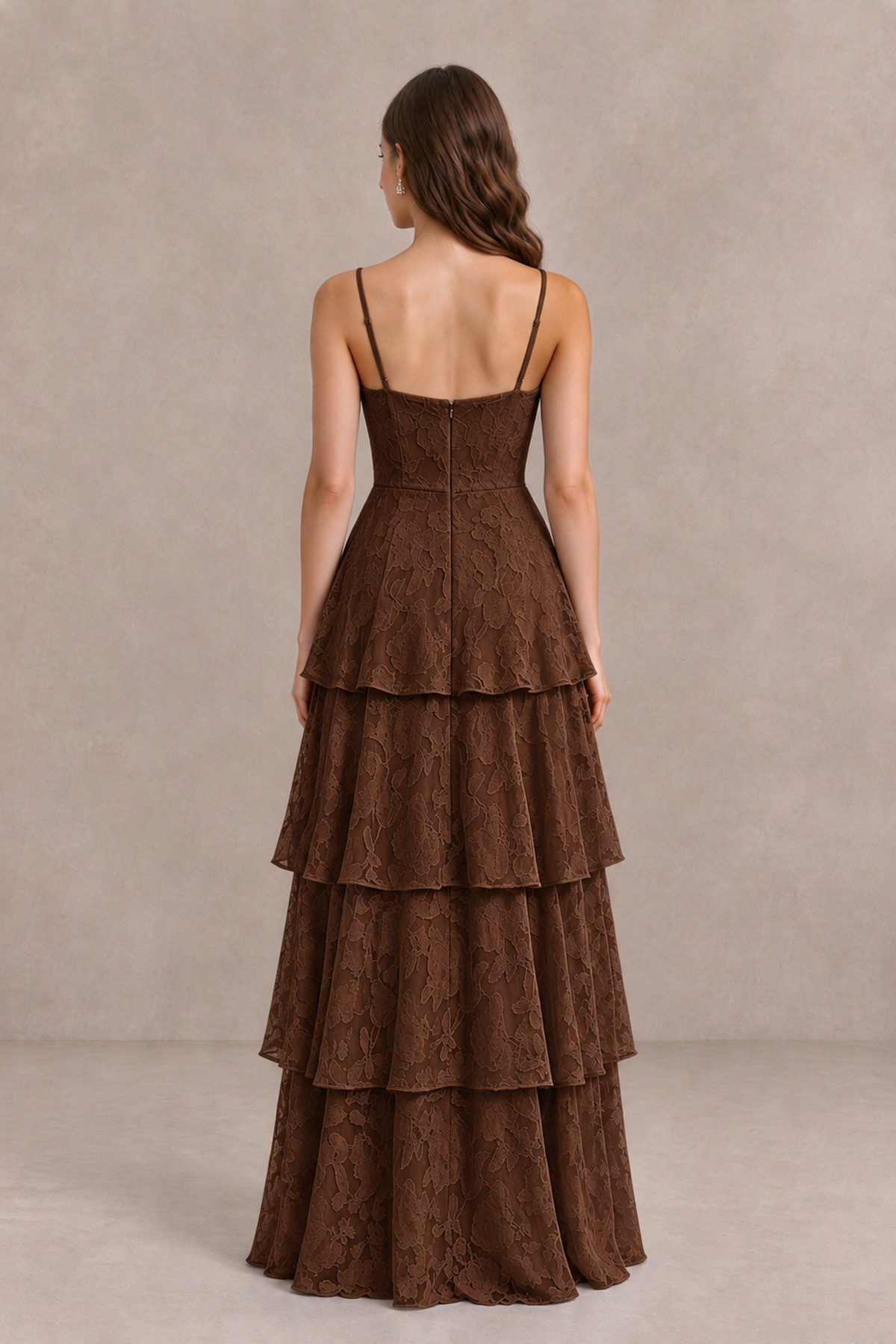 BOLODOO Chocolate Tiered Floral-Textured Spaghetti Strap Maxi Dress - Chocolate - Chocolate_2