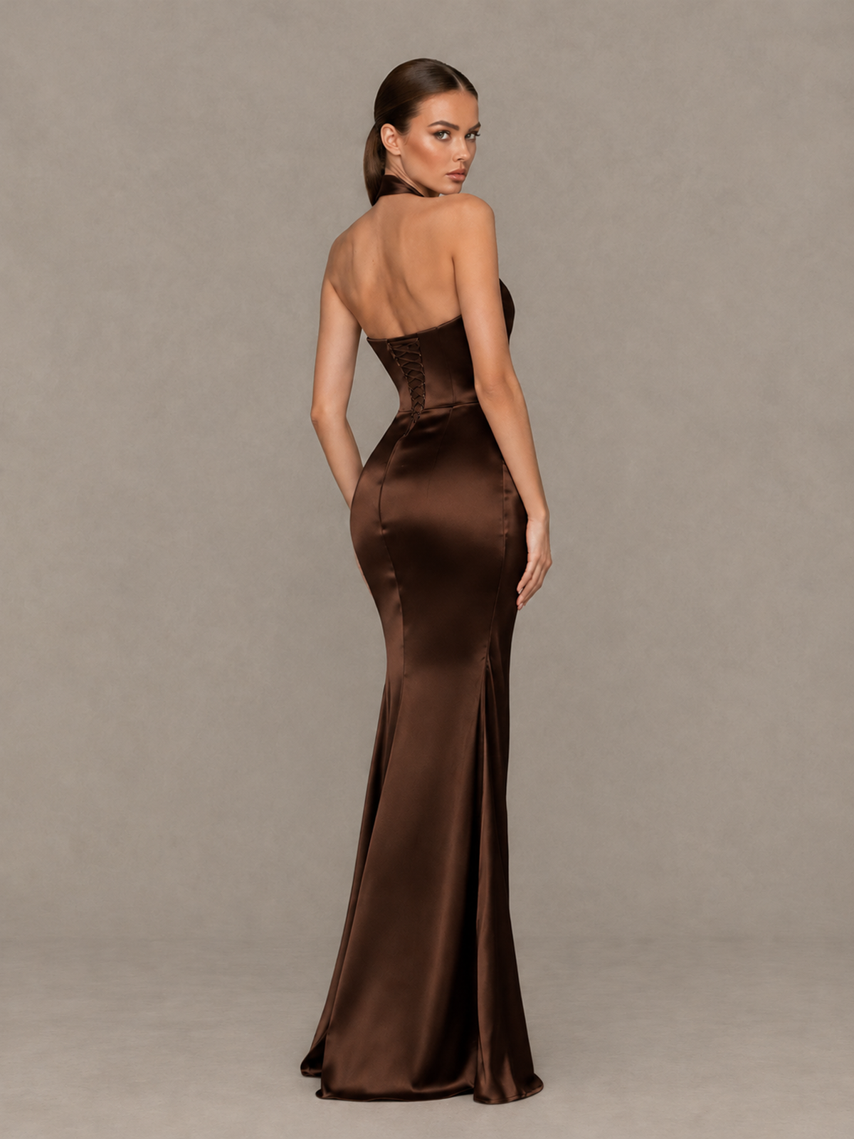 BOLODOO Chocolate Cross-Halter Ruched Satin-Look Evening Gown with High Slit - Chocolate - Chocolate_2