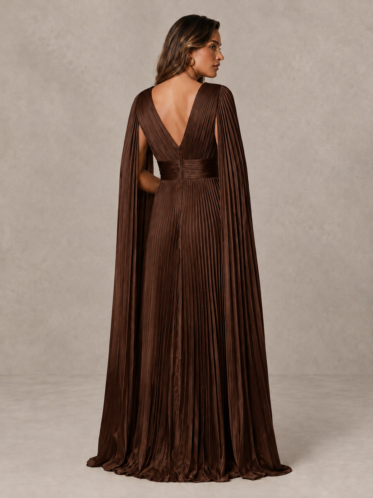 BOLODOO Chocolate Deep V-Neck Pleated Cape Sleeve Evening Gown - Chocolate - Chocolate_2